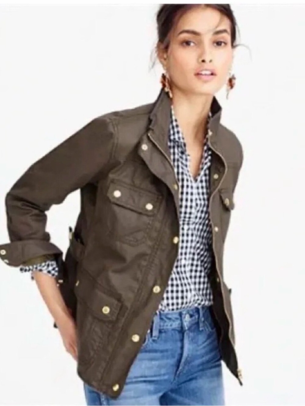 J. Crew Olive Fall Utility Jacket with Gold Buttons